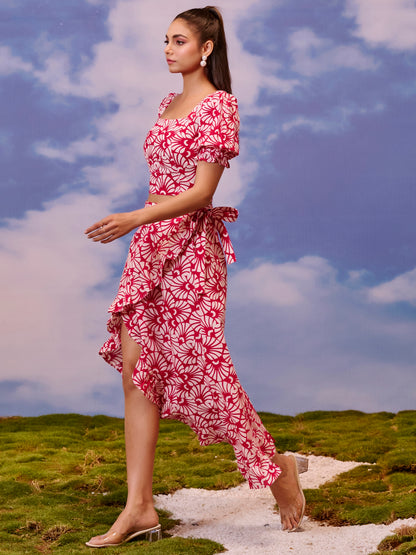 Women's Red Ruffled Wrap Skirt With Balloon Sleeves Top