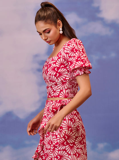 Women's Red Ruffled Wrap Skirt With Balloon Sleeves Top