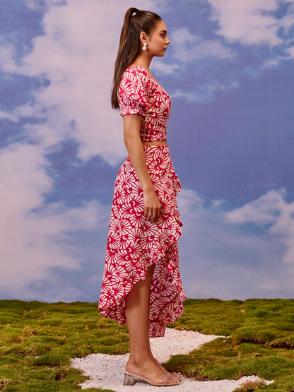 Women's Red Ruffled Wrap Skirt With Balloon Sleeves Top