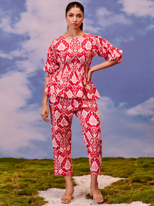 Women's Red Cotton Peplum Top with Straight Pants