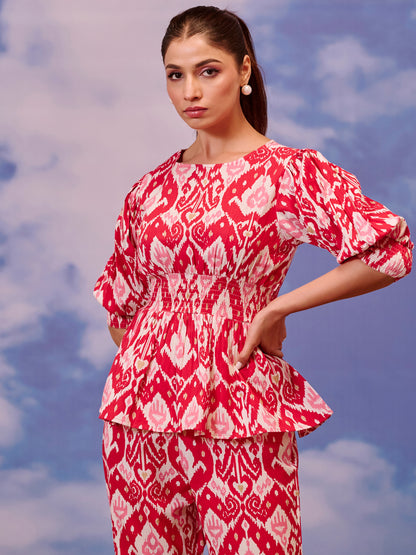 Women's Red Cotton Peplum Top with Straight Pants