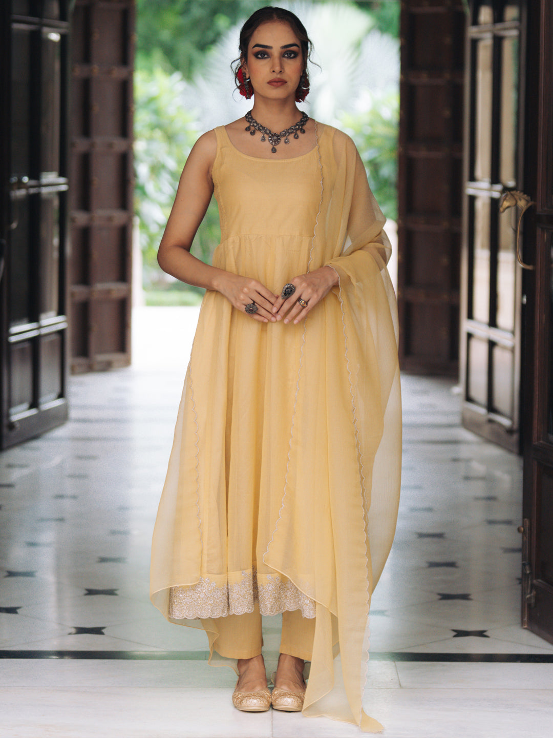 Women's Butter Yellow Embroidered Anarkali Set with Dupatta