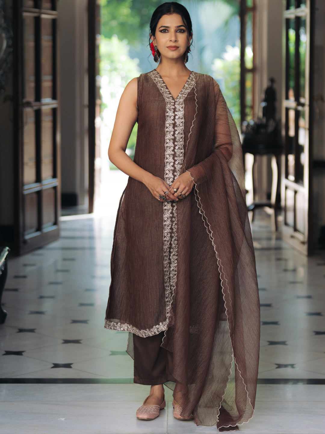 Women's Brown Embroidered Anarkali Set with Dupatta