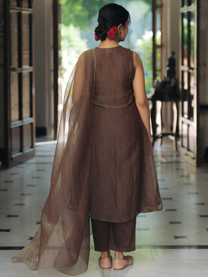 Women's Brown Embroidered Anarkali Set with Dupatta