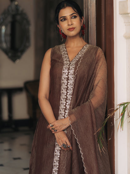 Women's Brown Embroidered Anarkali Set with Dupatta
