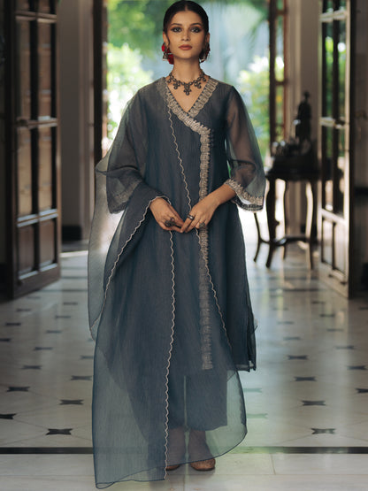 Women's Embroidered Angrakha Kurta Set with Dupatta