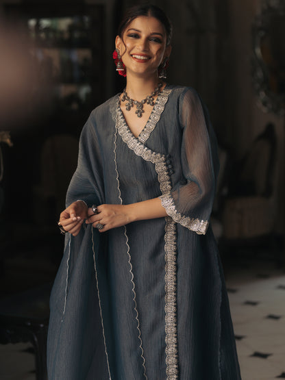 Women's Embroidered Angrakha Kurta Set with Dupatta