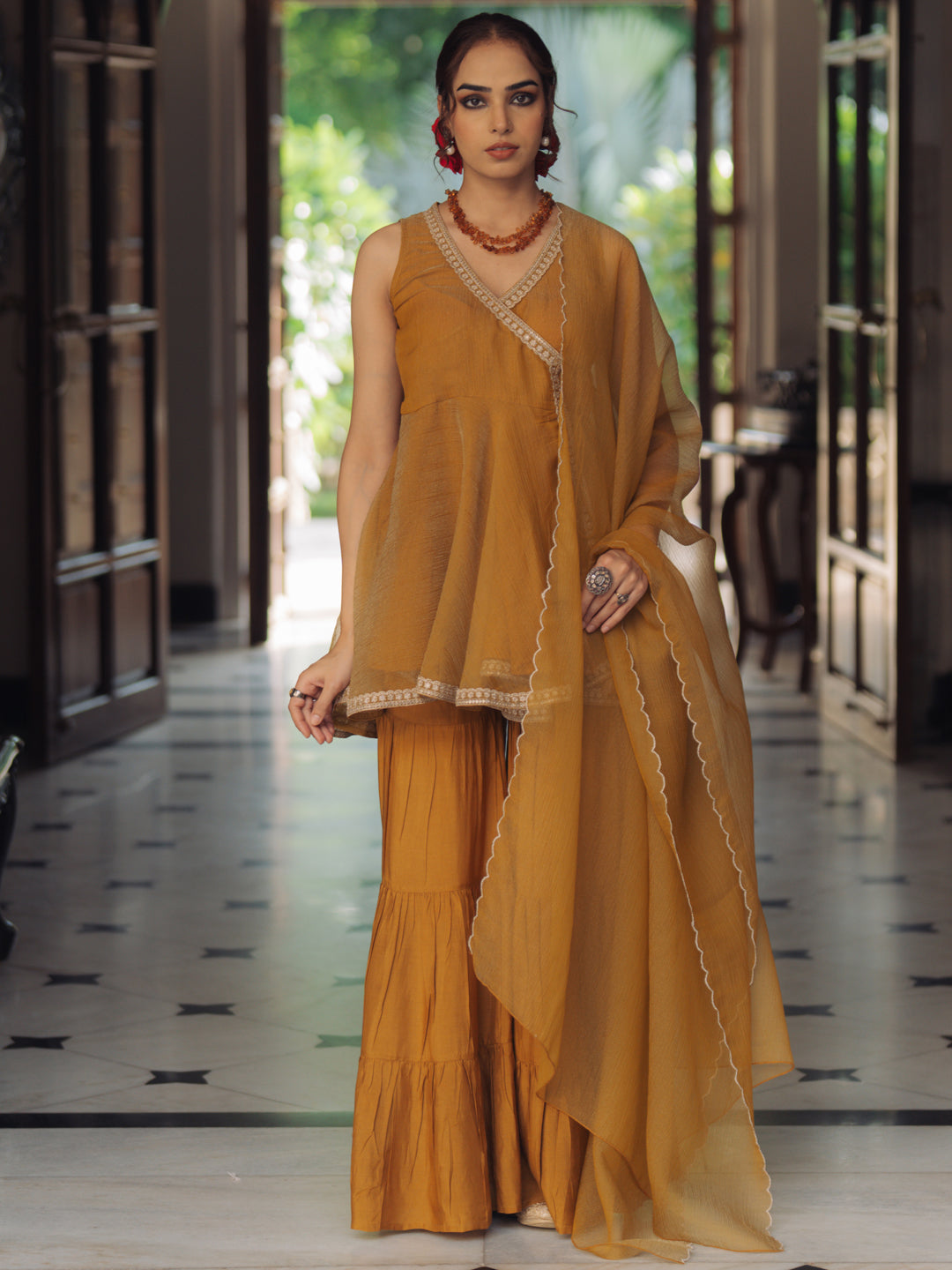 Women's Embroidered Peplum Sharara Set with Dupatta