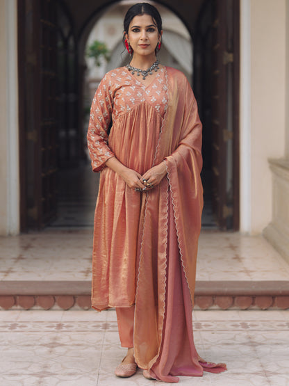 Women's Peach Embroidered A Line Kurta Set with Dupatta