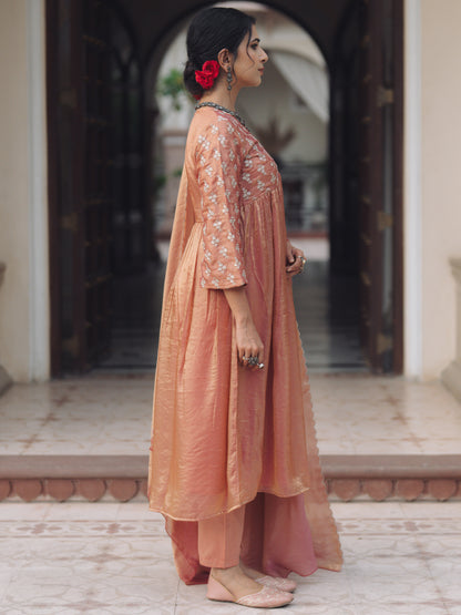 Women's Peach Embroidered A Line Kurta Set with Dupatta
