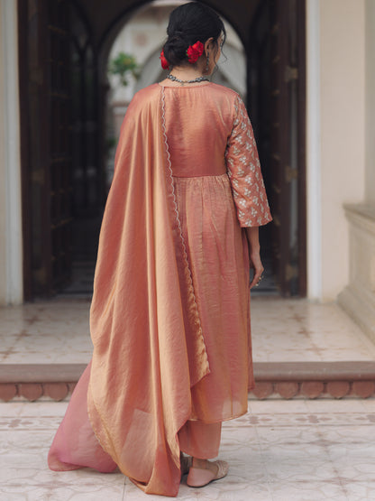 Women's Peach Embroidered A Line Kurta Set with Dupatta