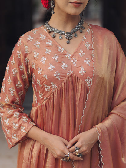 Women's Peach Embroidered A Line Kurta Set with Dupatta