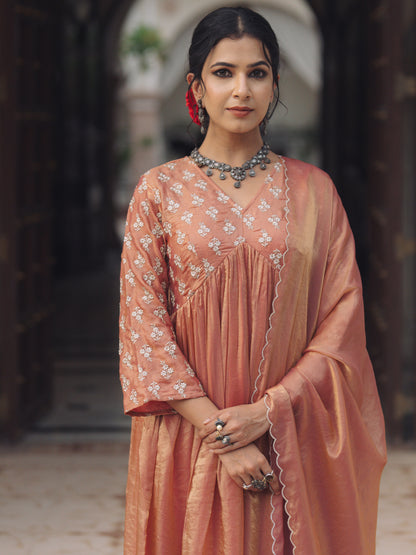 Women's Peach Embroidered A Line Kurta Set with Dupatta