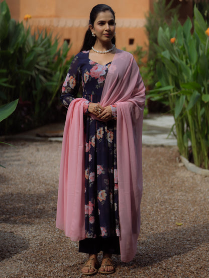 Women's Navy Blue Georgette Kurta Set With Dupatta