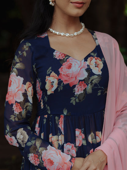 Women's Navy Blue Georgette Kurta Set With Dupatta