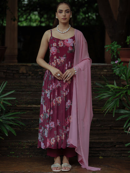Women's Maroon Georgette Kurta Set With Dupatta