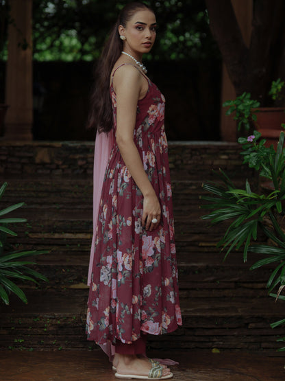 Women's Maroon Georgette Kurta Set With Dupatta