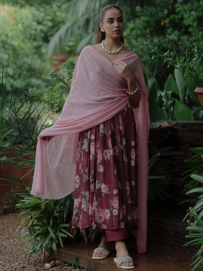 Women's Maroon Georgette Kurta Set With Dupatta