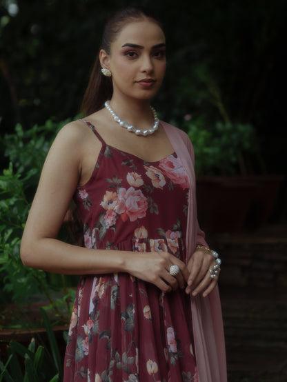 Women's Maroon Georgette Kurta Set With Dupatta