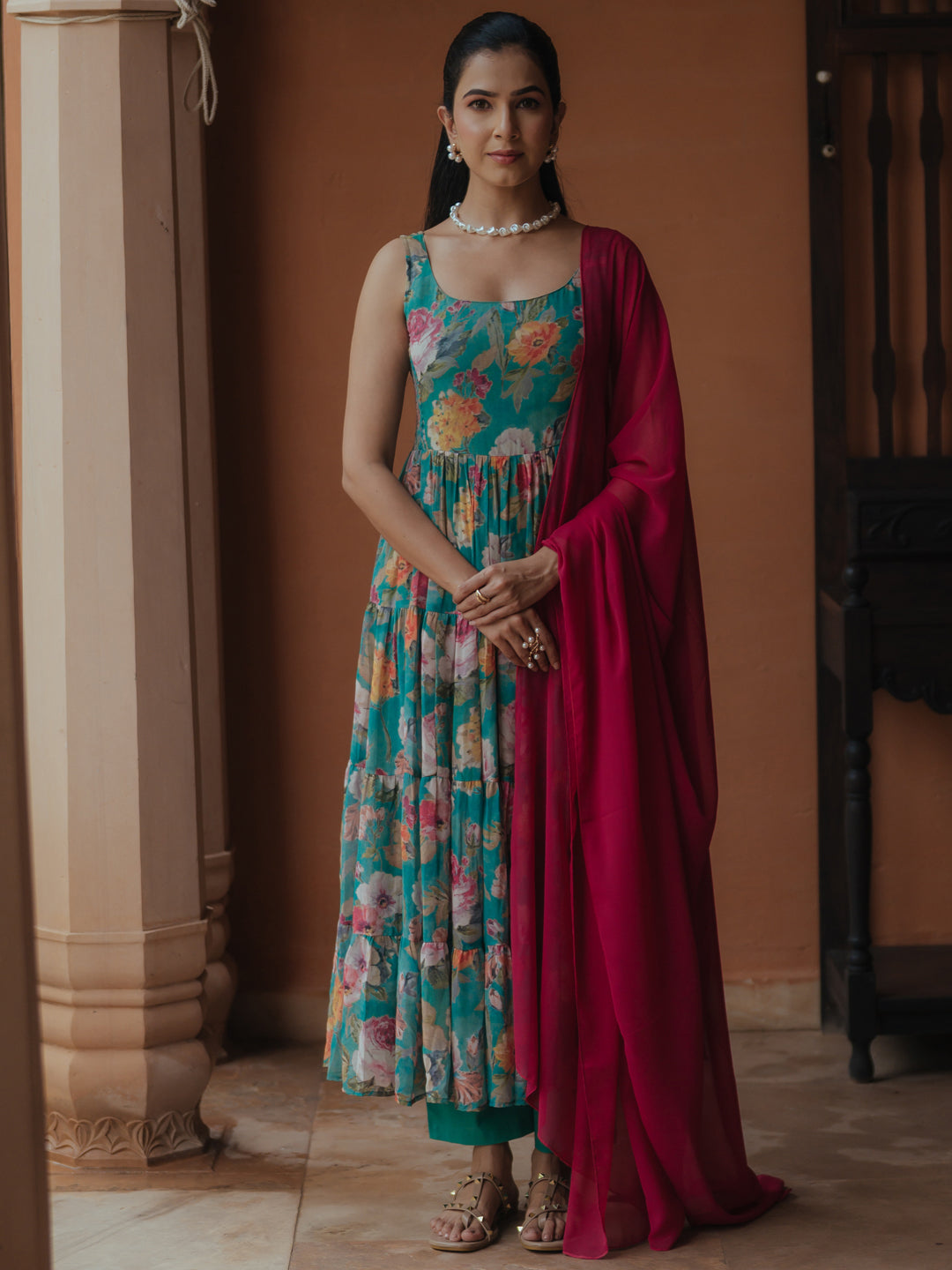 Women's Teal Georgette Kurta Set With Dupatta