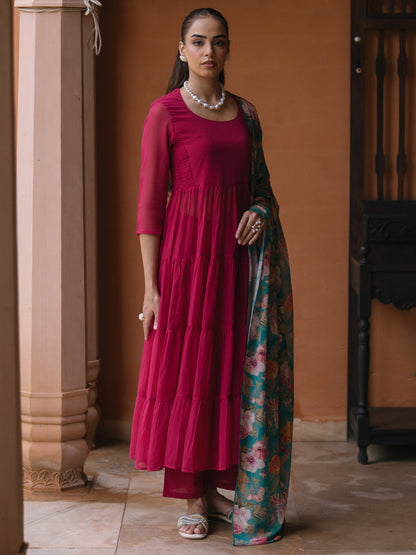Women's Dark Pink Georgette Kurta Set With Dupatta