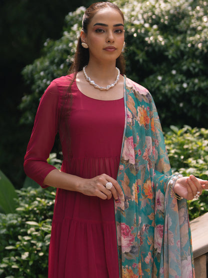 Women's Dark Pink Georgette Kurta Set With Dupatta