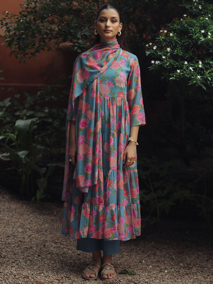 Women's Blue Georgette Kurta Set With Dupatta