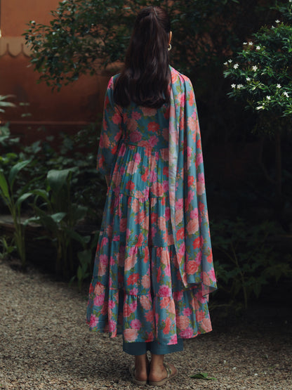 Women's Blue Georgette Kurta Set With Dupatta