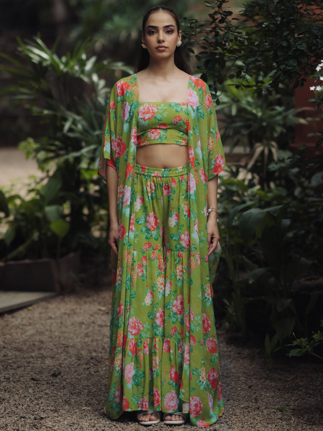 Women's Light Green Georgette kurta set with Crop-Top and Cape and Sharara