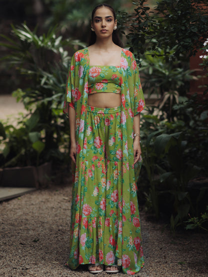 Women's Light Green Georgette kurta set with Crop-Top and Cape and Sharara