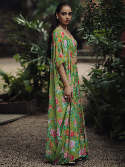 Women's Light Green Georgette kurta set with Crop-Top and Cape and Sharara