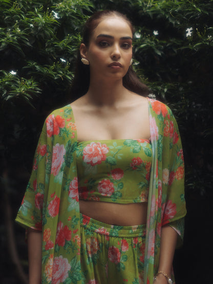 Women's Light Green Georgette kurta set with Crop-Top and Cape and Sharara