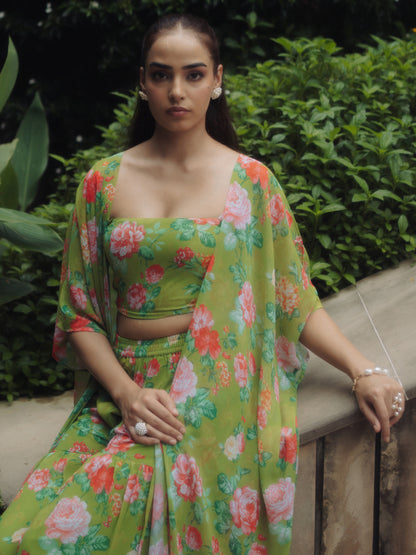 Women's Light Green Georgette kurta set with Crop-Top and Cape and Sharara