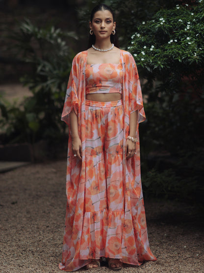 Women's Peach Georgette kurta set with Crop-Top and Cape and Sharara