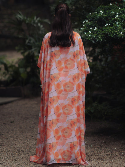 Women's Peach Georgette kurta set with Crop-Top and Cape and Sharara