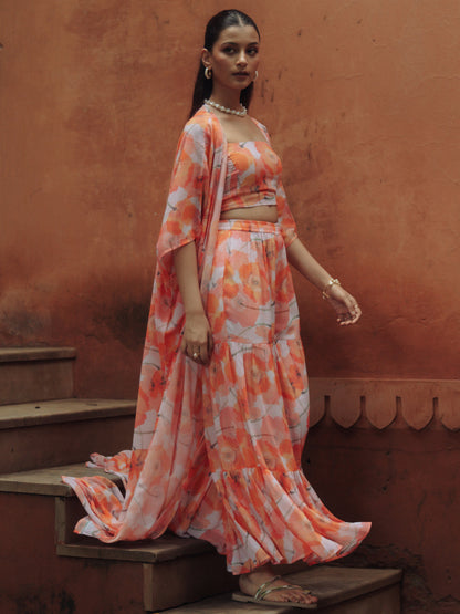 Women's Peach Georgette kurta set with Crop-Top and Cape and Sharara