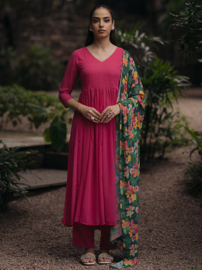 Women's Rani Pink Georgette Kurta Set With Dupatta