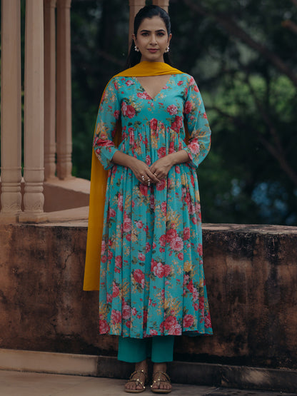 Women's Turqoise Blue Georgette Kurta Set With Dupatta