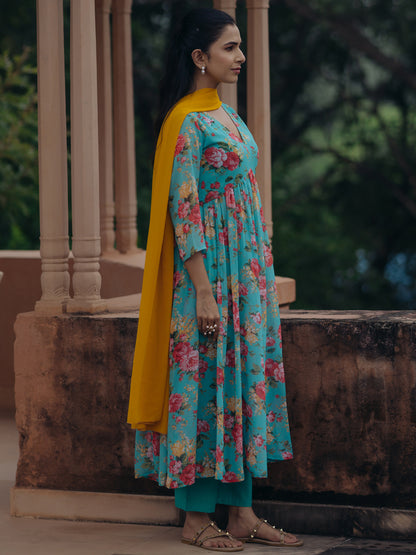 Women's Turqoise Blue Georgette Kurta Set With Dupatta