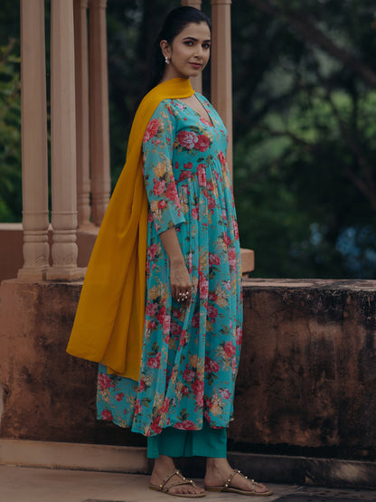 Women's Turqoise Blue Georgette Kurta Set With Dupatta