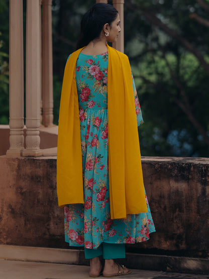 Women's Turqoise Blue Georgette Kurta Set With Dupatta