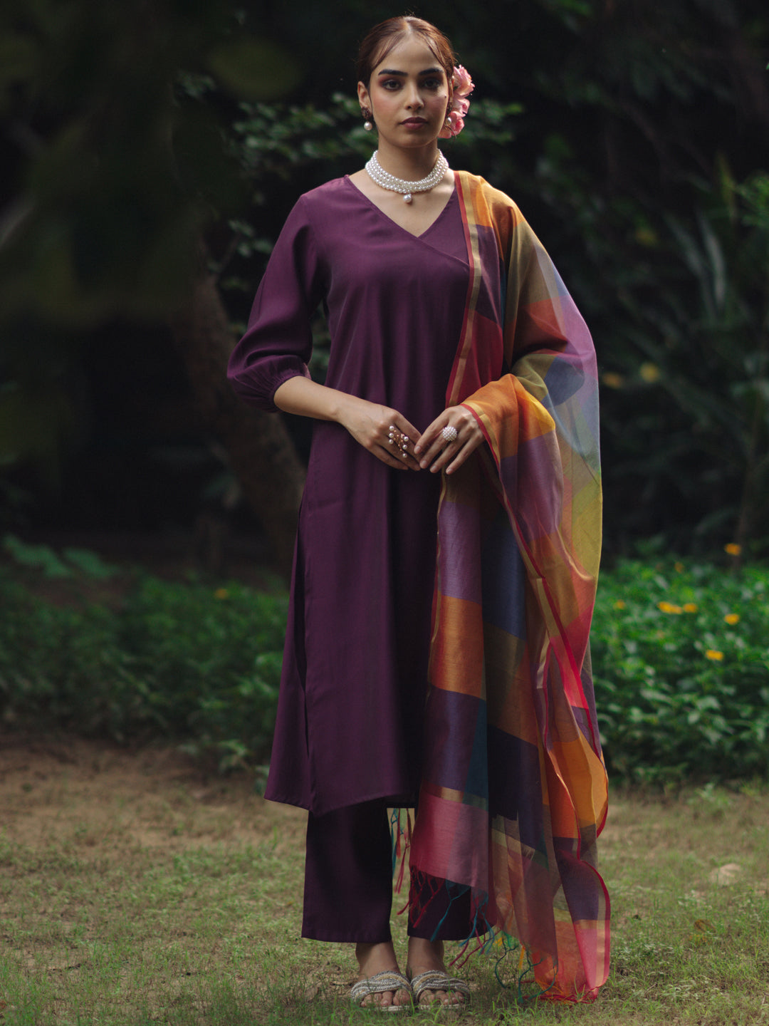 Women's Purple Remi Silk Kurta Set with Multicolor Organza Dupatta