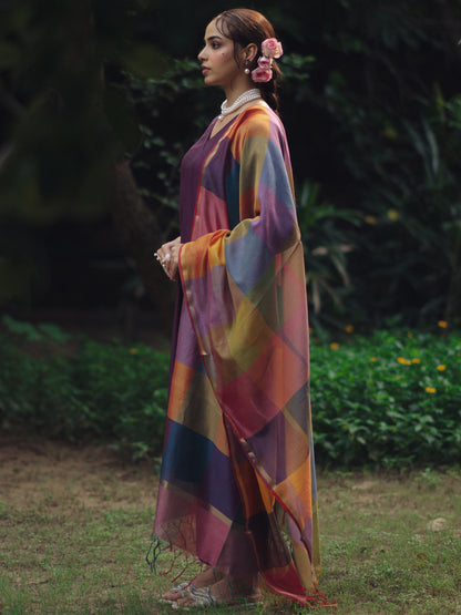 Women's Purple Remi Silk Kurta Set with Multicolor Organza Dupatta