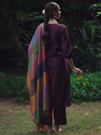 Women's Purple Remi Silk Kurta Set with Multicolor Organza Dupatta