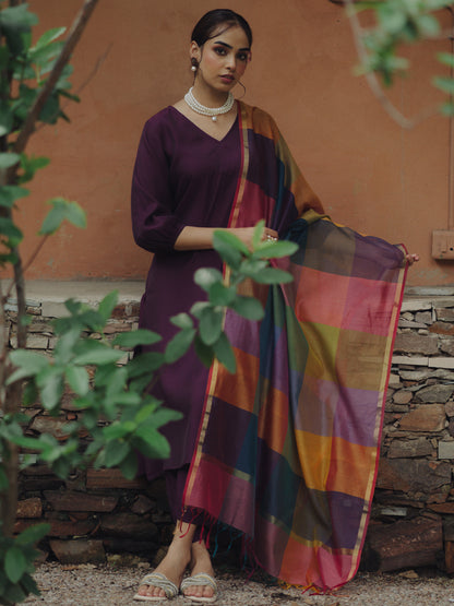 Women's Purple Remi Silk Kurta Set with Multicolor Organza Dupatta