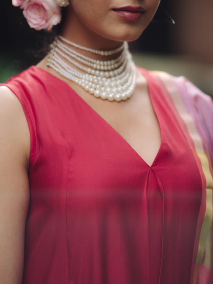 Women's Dark Pink Remi Silk Kurta Set with Organza Dupatta