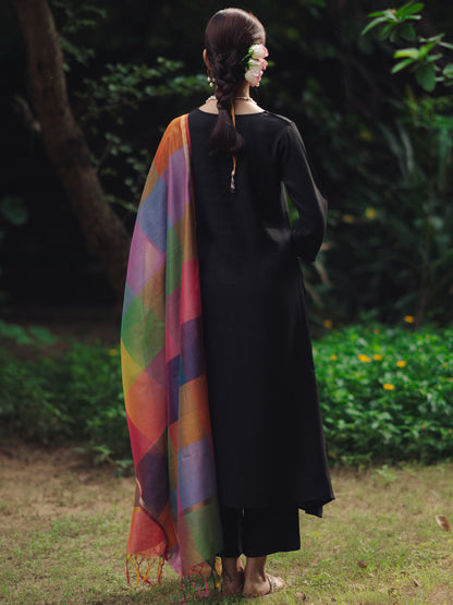 Women's Black Remi Silk Kurta Set with Organza Dupatta