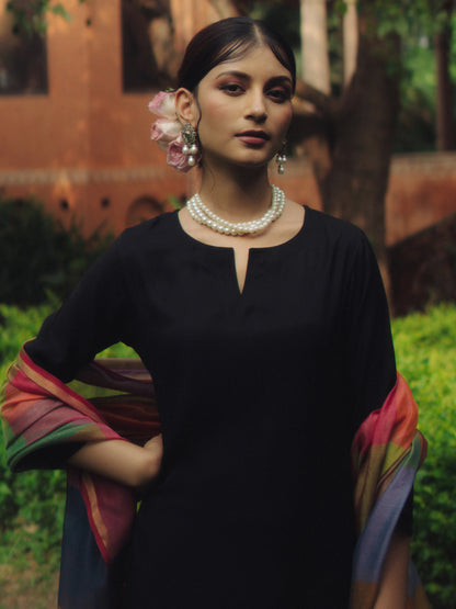 Women's Black Remi Silk Kurta Set with Organza Dupatta