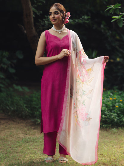 Women's Dark Pink Silk Kurta Set with Organza White Dupatta