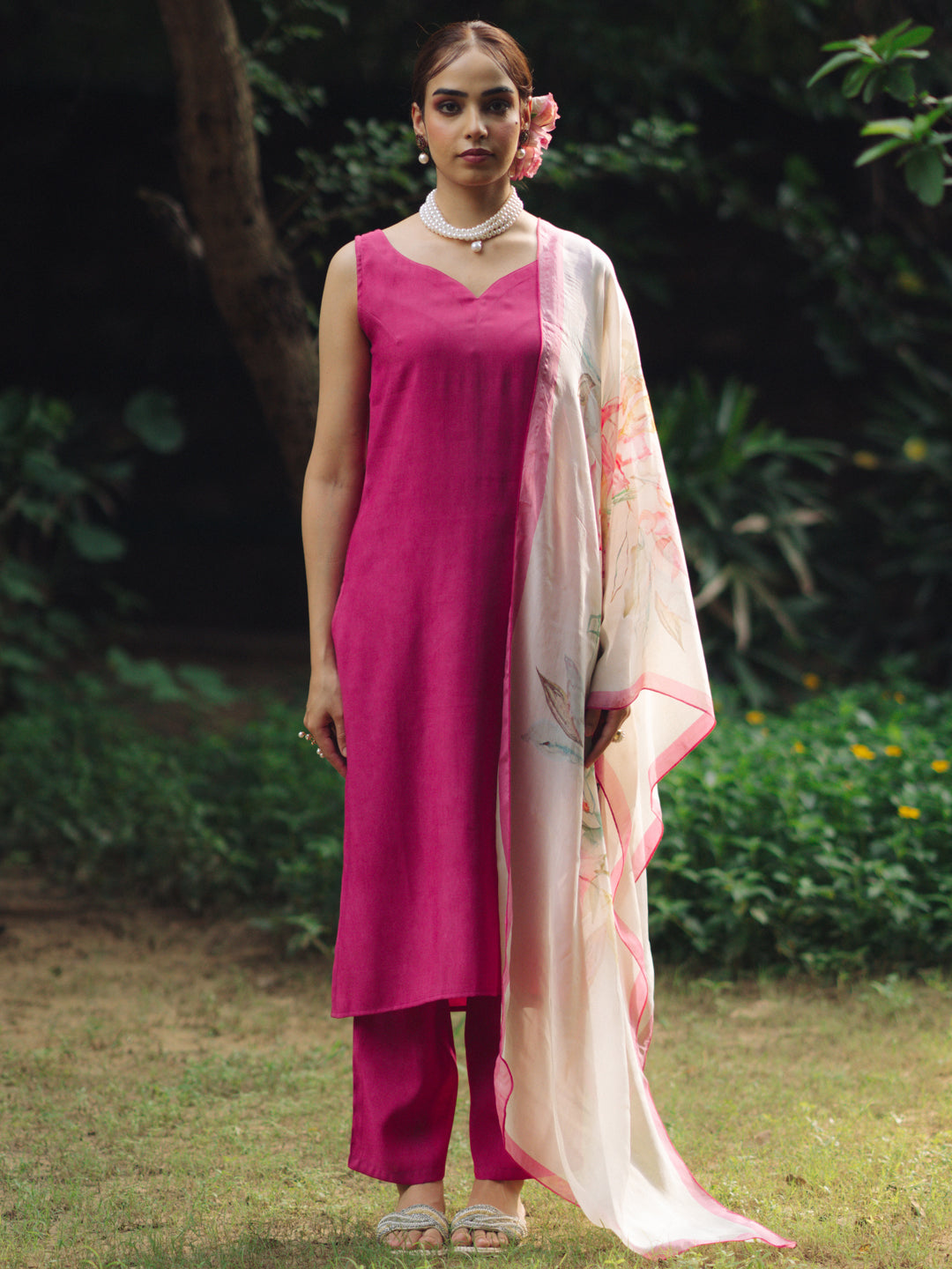 Women's Dark Pink Silk Kurta Set with Organza White Dupatta